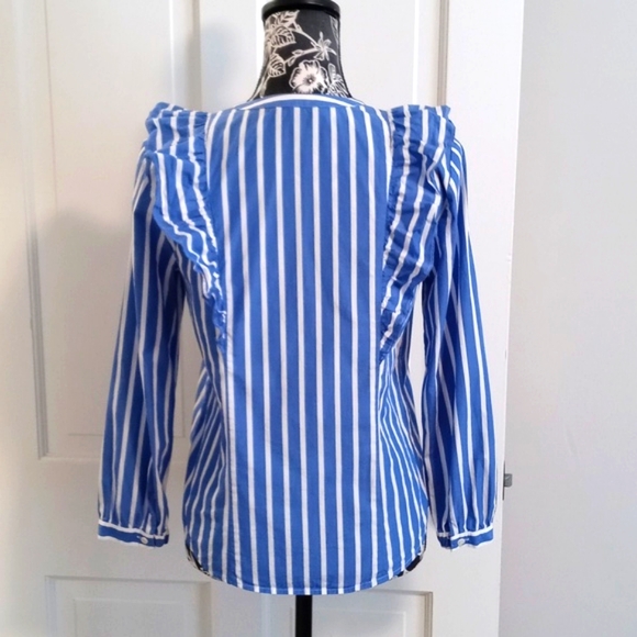 💙J. Crew💙 - Blue/White Stripe L/S Button Down w/Ruffle Detail - Picture 2 of 10